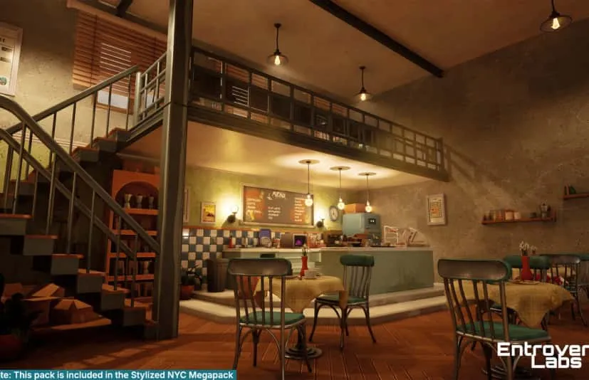 风格化的纽约咖啡馆 - Stylized New York Cafe – Coffee Shop Interior Modular Environment