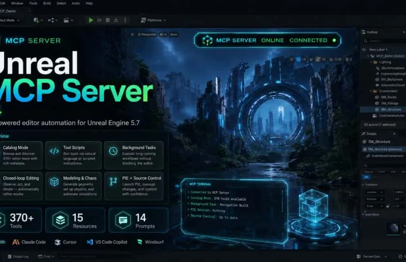 Unreal MCP 服务器 Unreal MCP Server — 370+ AI Tools for UE5 Editor Automation via MCP