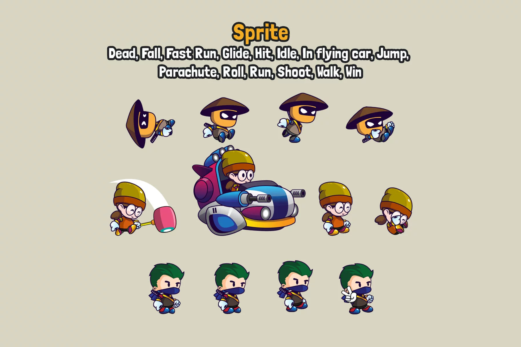 3 Cartoon Characters 2D Asset Pack
