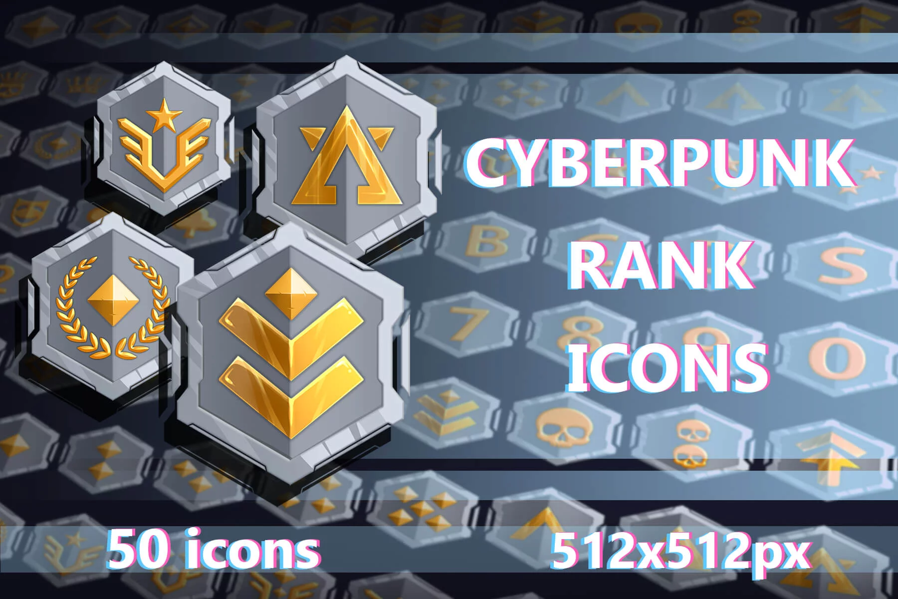 Cyberpunk Rank Icons Pack 512×512 Futuristic UI Badges