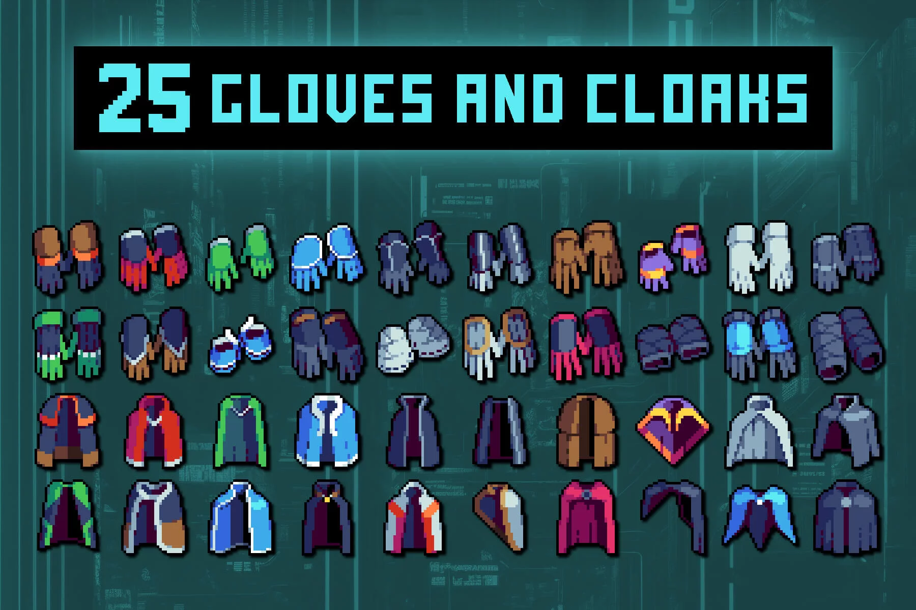The Cyberpunk Gloves and Cloaks Pixel Icon Set