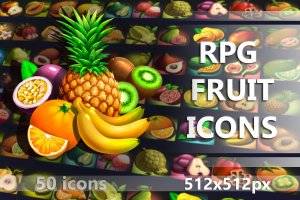 RPG水果图标素材：50个512×512高品质PNG/PSD图标