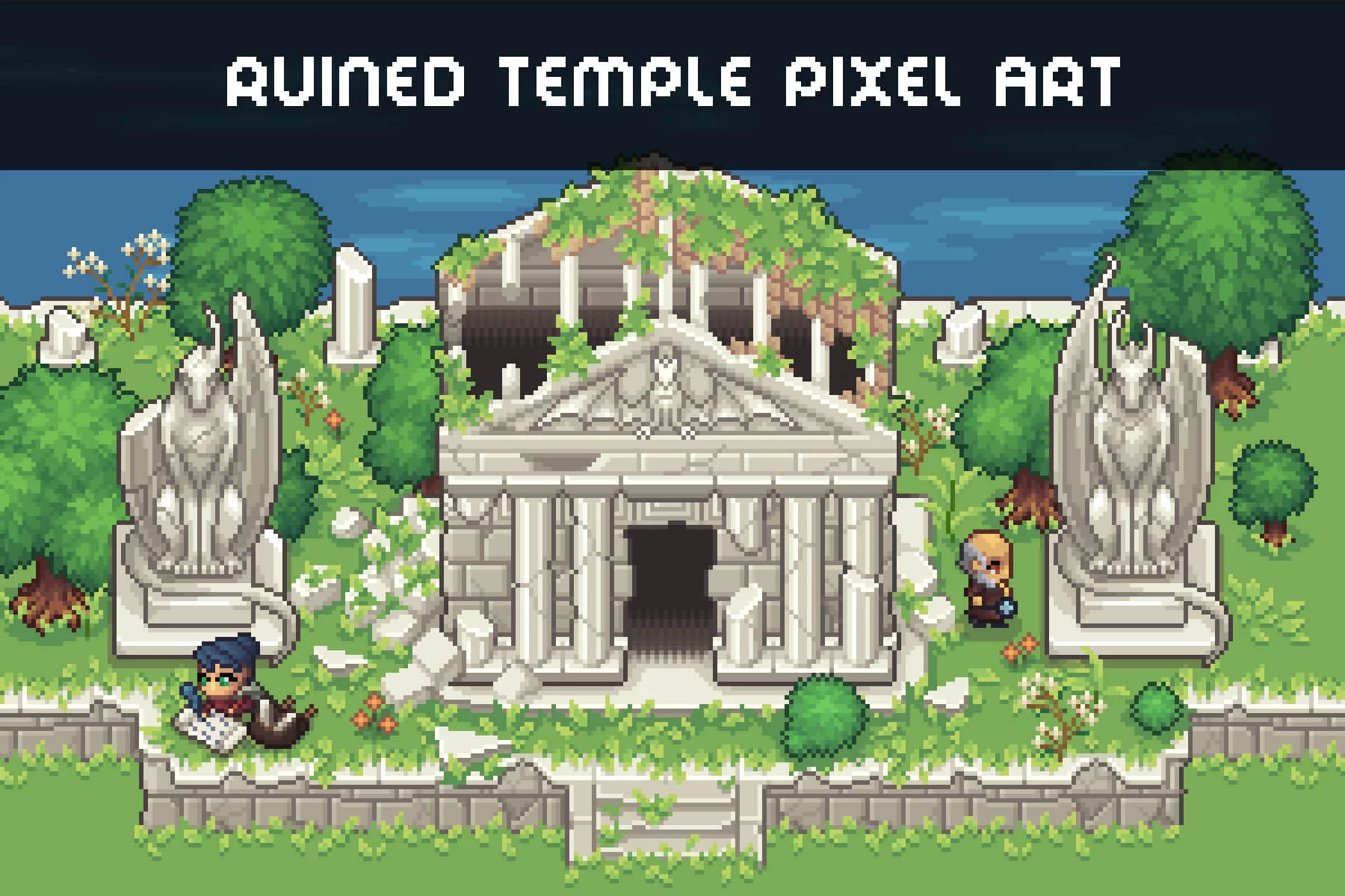 Ruined Temple Top-Down Location Pixel Art