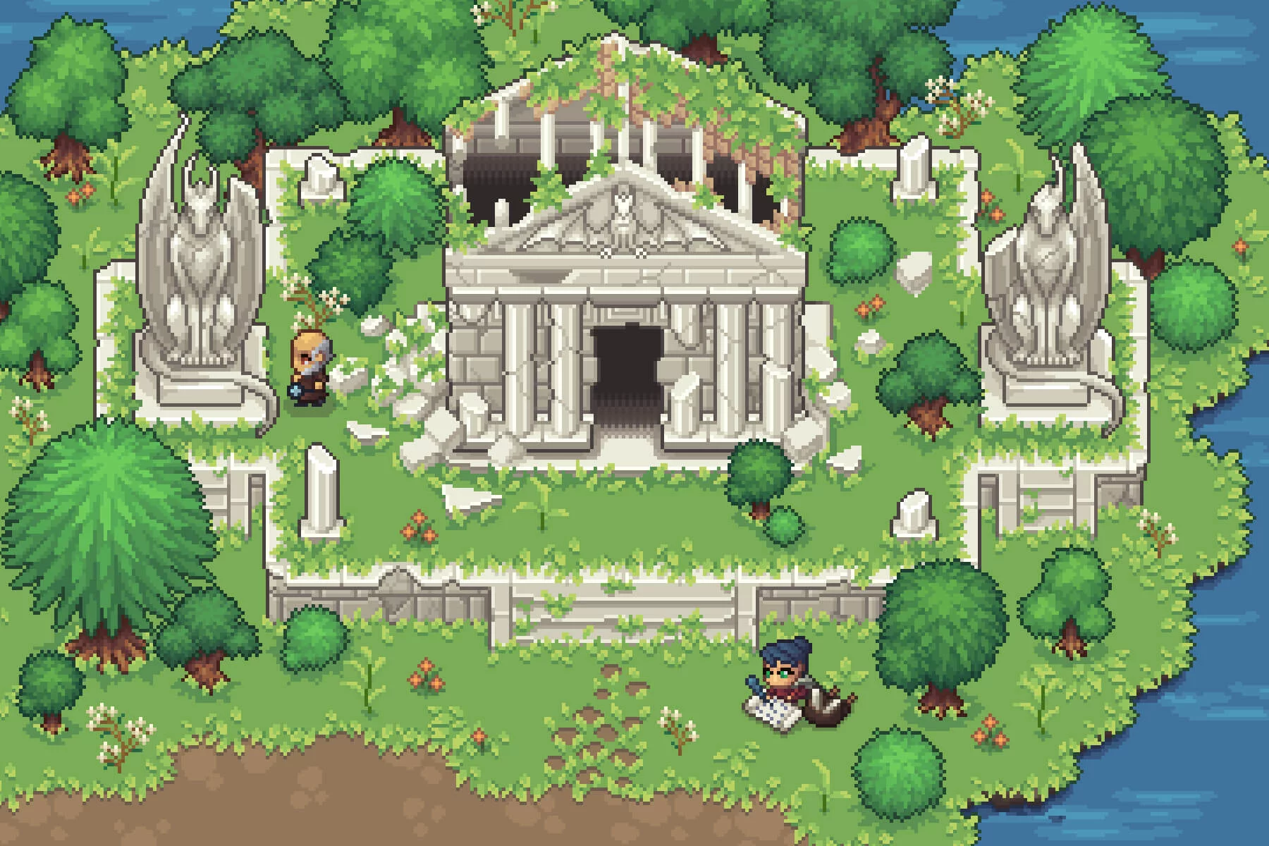 Ruined Temple Top-Down Location Pixel Art