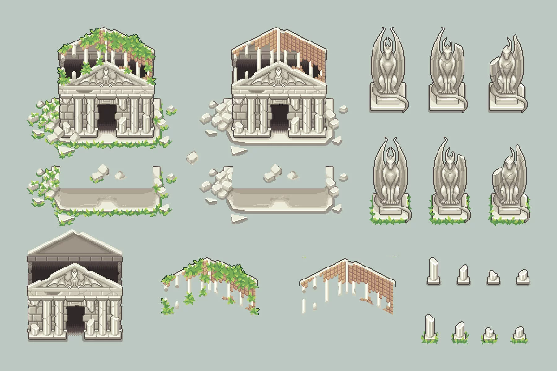 Ruined Temple Top-Down Location Pixel Art