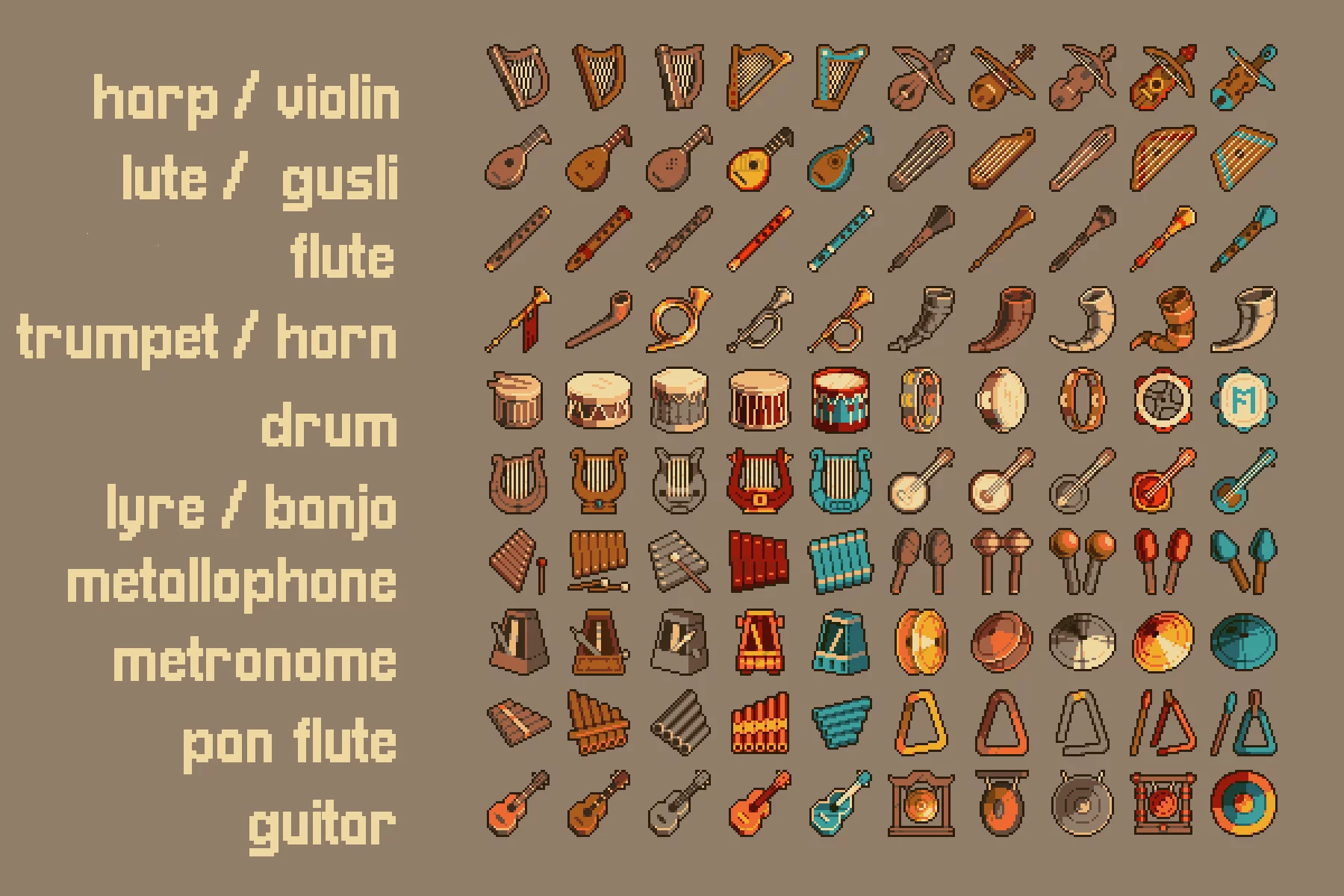 Fantasy RPG Pixel Musical Instrument 32×32 Icons