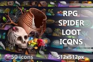RPG蜘蛛战利品图标集：50枚独特暗黑风素材