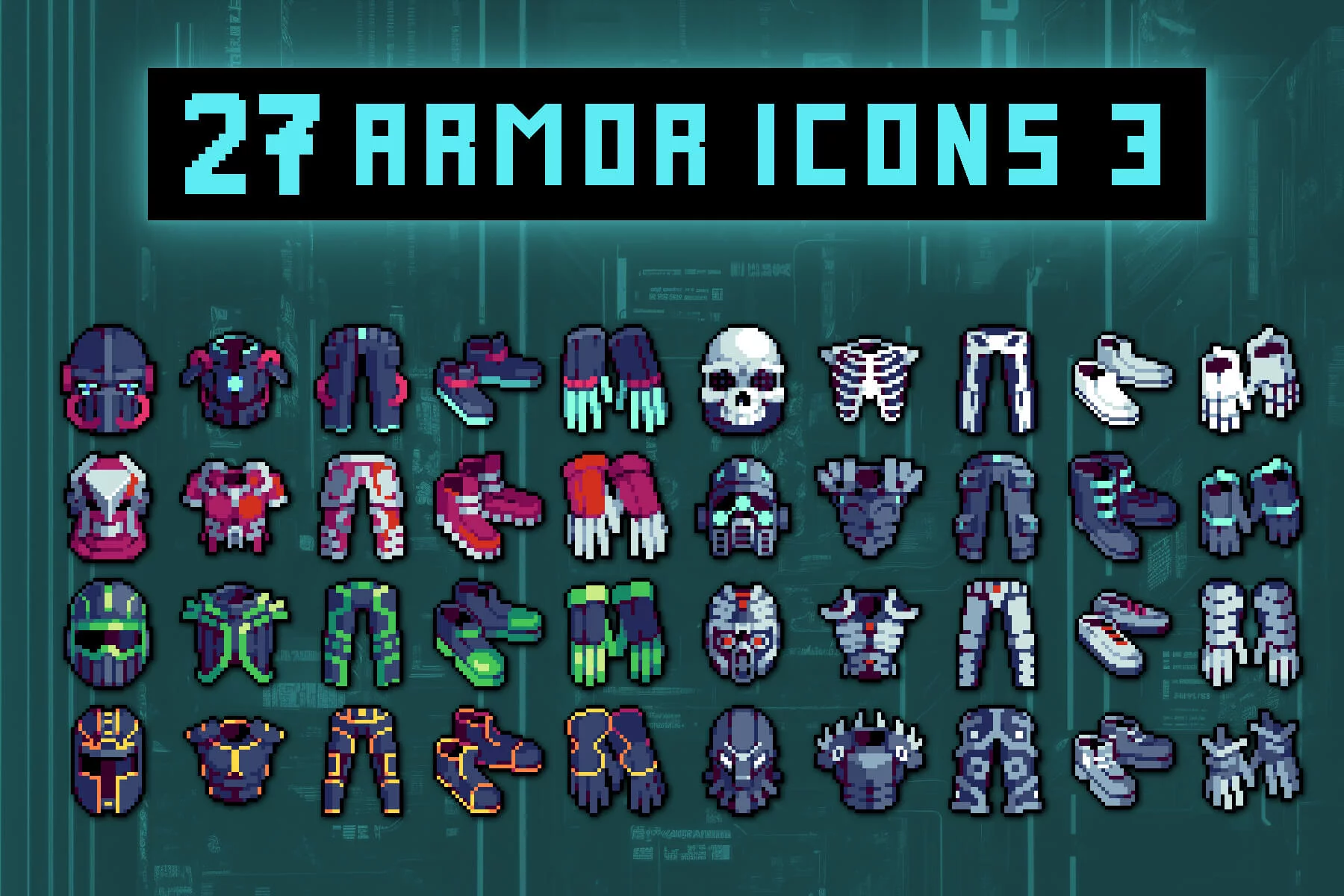 Cyberpunk Armor Icon Game Asset Pixel Pack