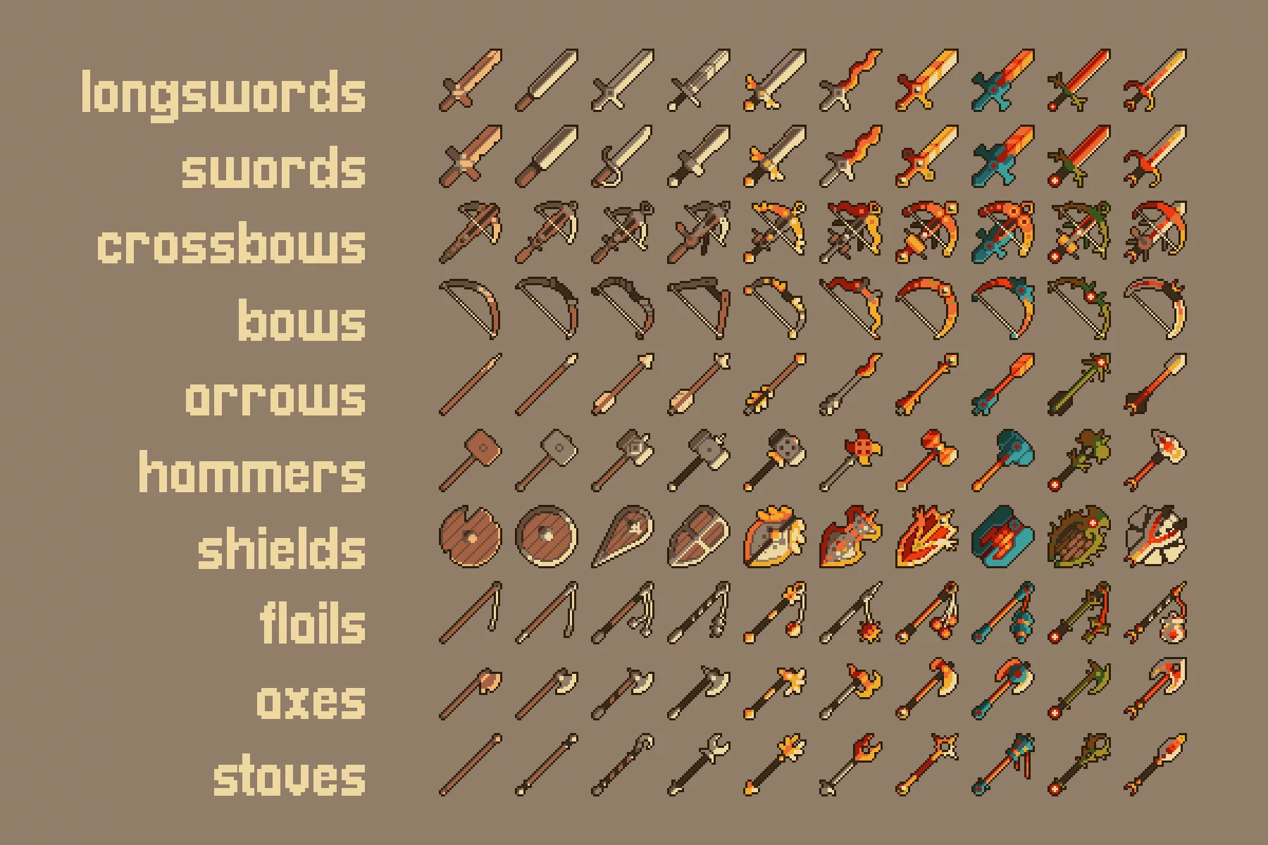 100 Pixel Art Weapon Icons