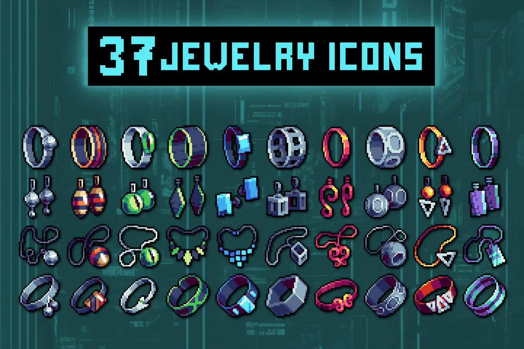 Jewelry 32×32 Pixel Icons for Cyberpunk Game