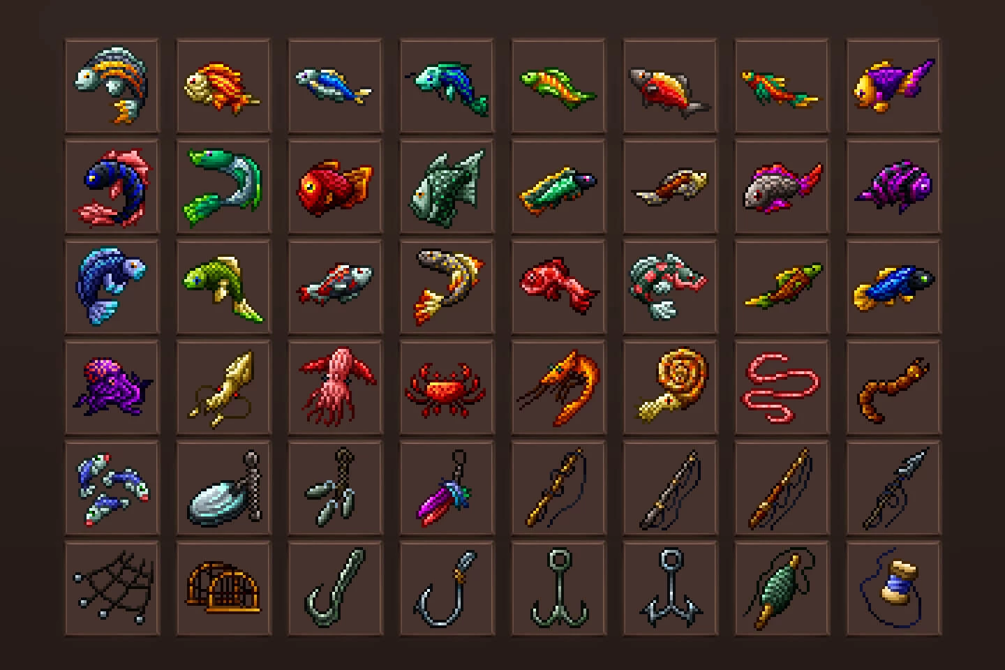 Fishing Game Icons Pixel Art