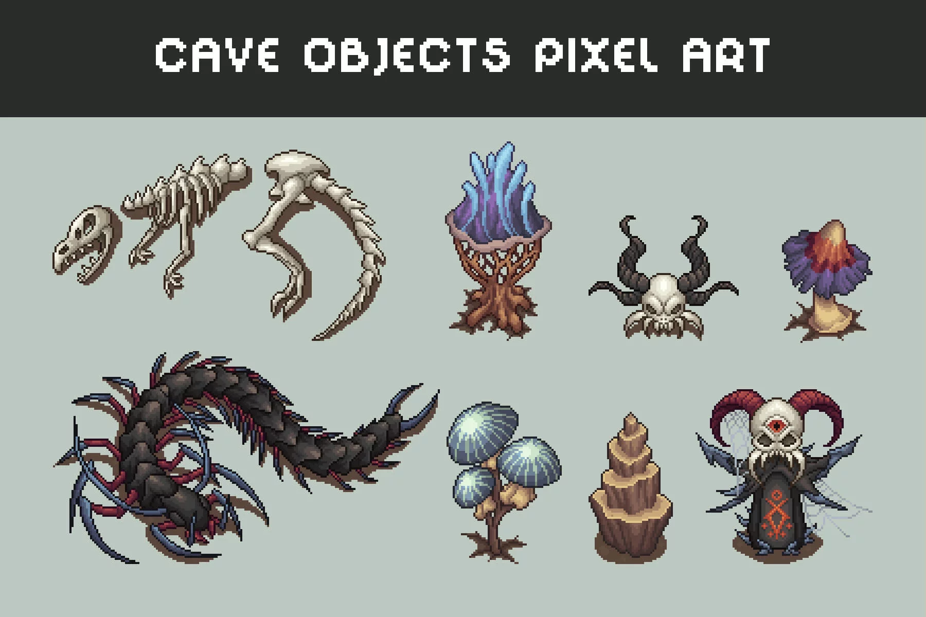Top-Down Pixel Art Cave Objects