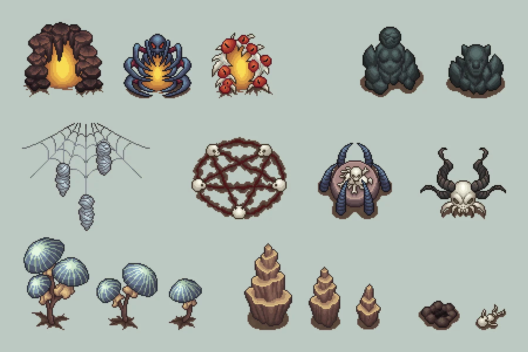 Top-Down Pixel Art Cave Objects