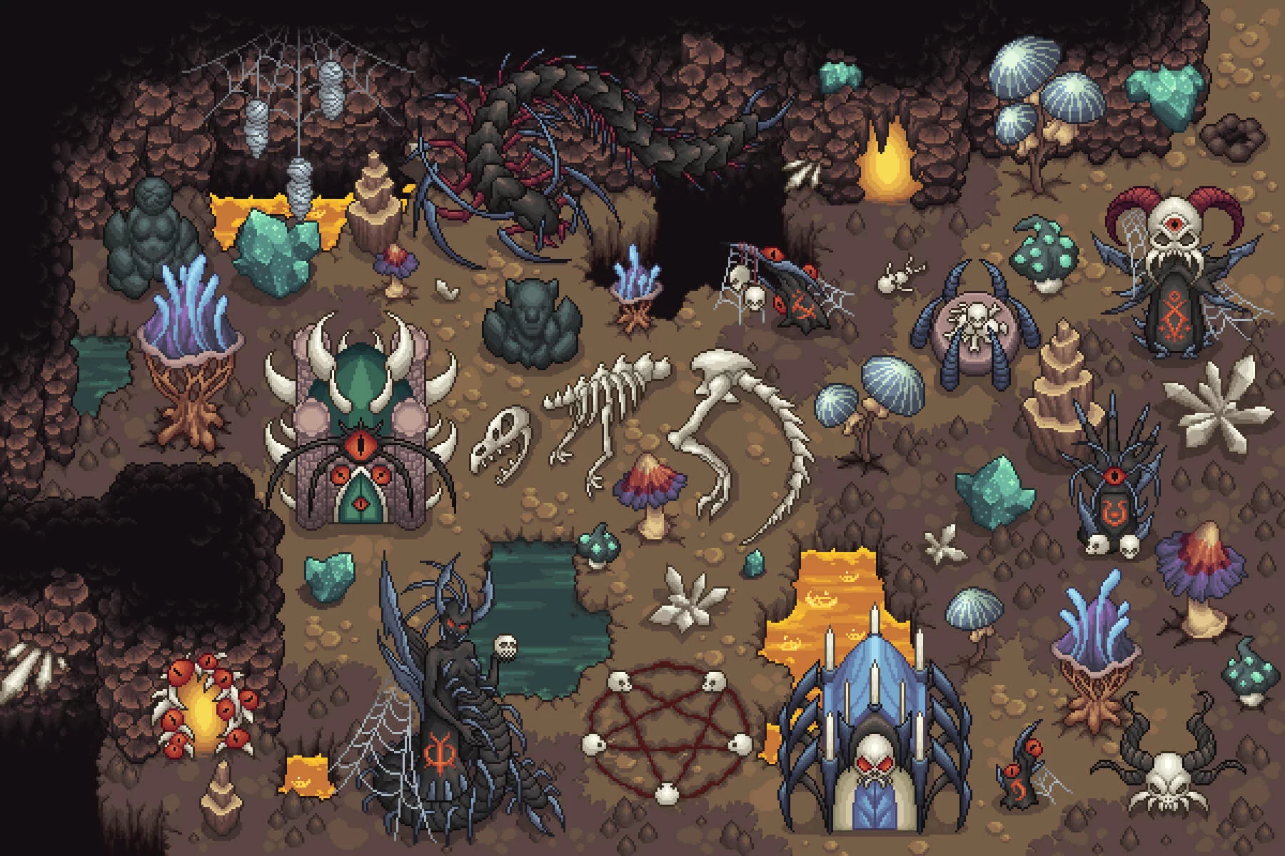 Top-Down Pixel Art Cave Objects