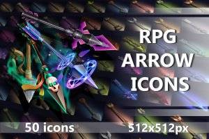 RPG箭矢512×512图标：奇幻游戏投射物素材包