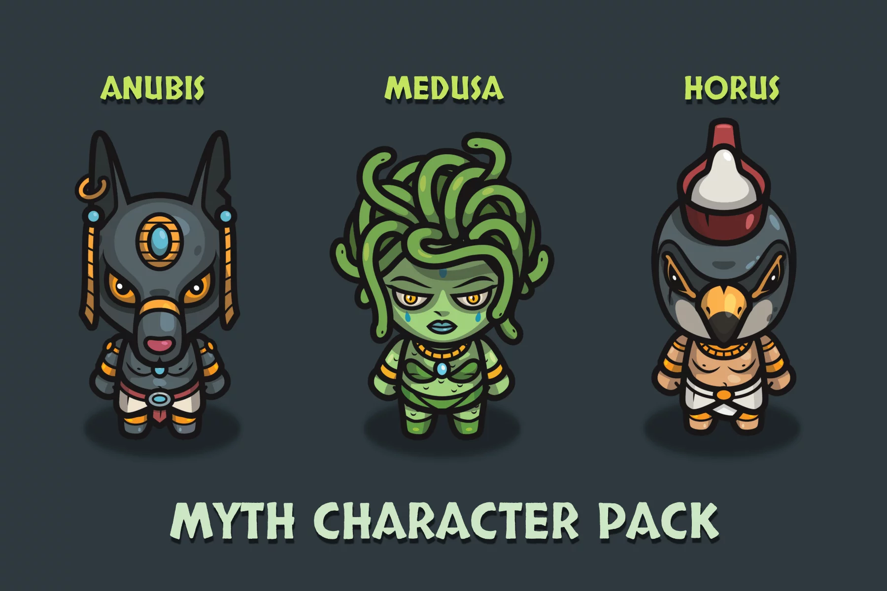 Mythology 2D Character Assets Anubis, Medusa & Horus