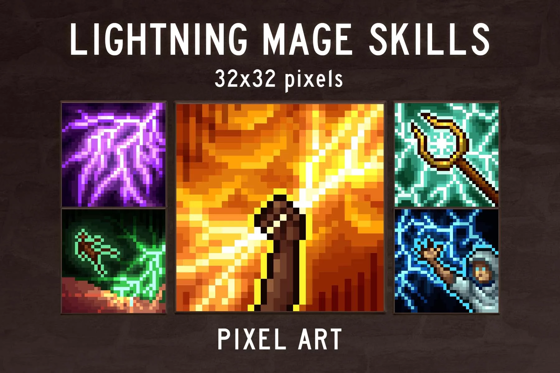 Lightning Mage Icons 32×32 Pixel Art