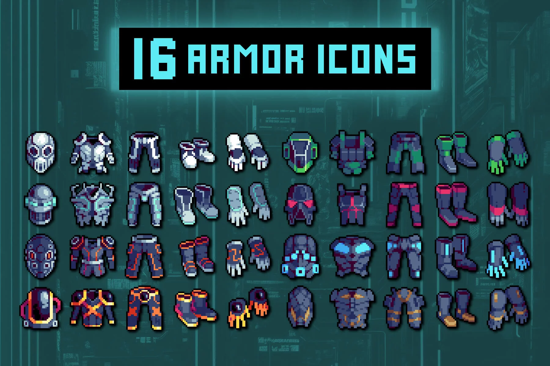 Cyberpunk Armor 32×32 Icons Pixel Art