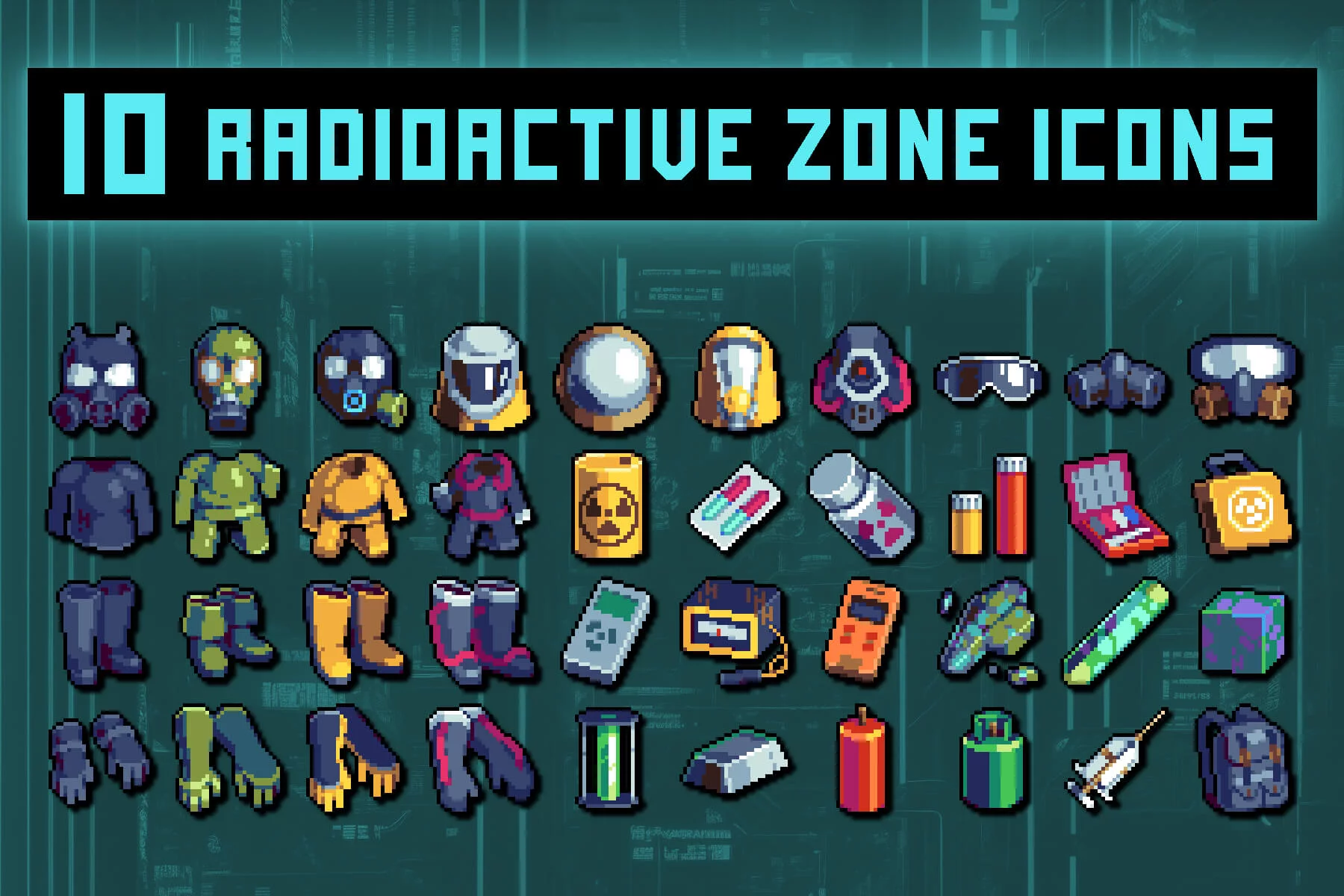 Protective Suit Against Radiation and Things Pixel Art Icons