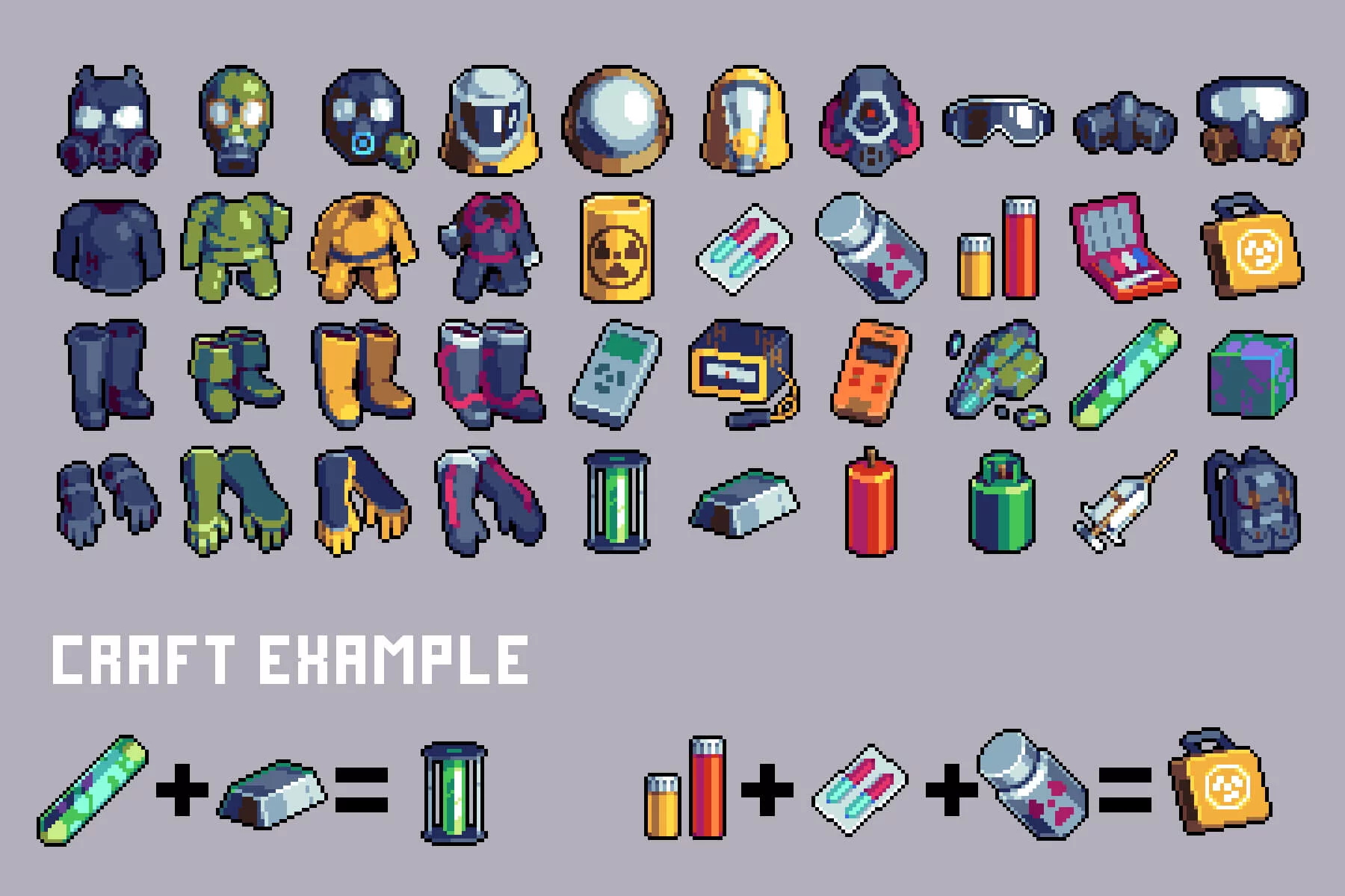 Protective Suit Against Radiation and Things Pixel Art Icons