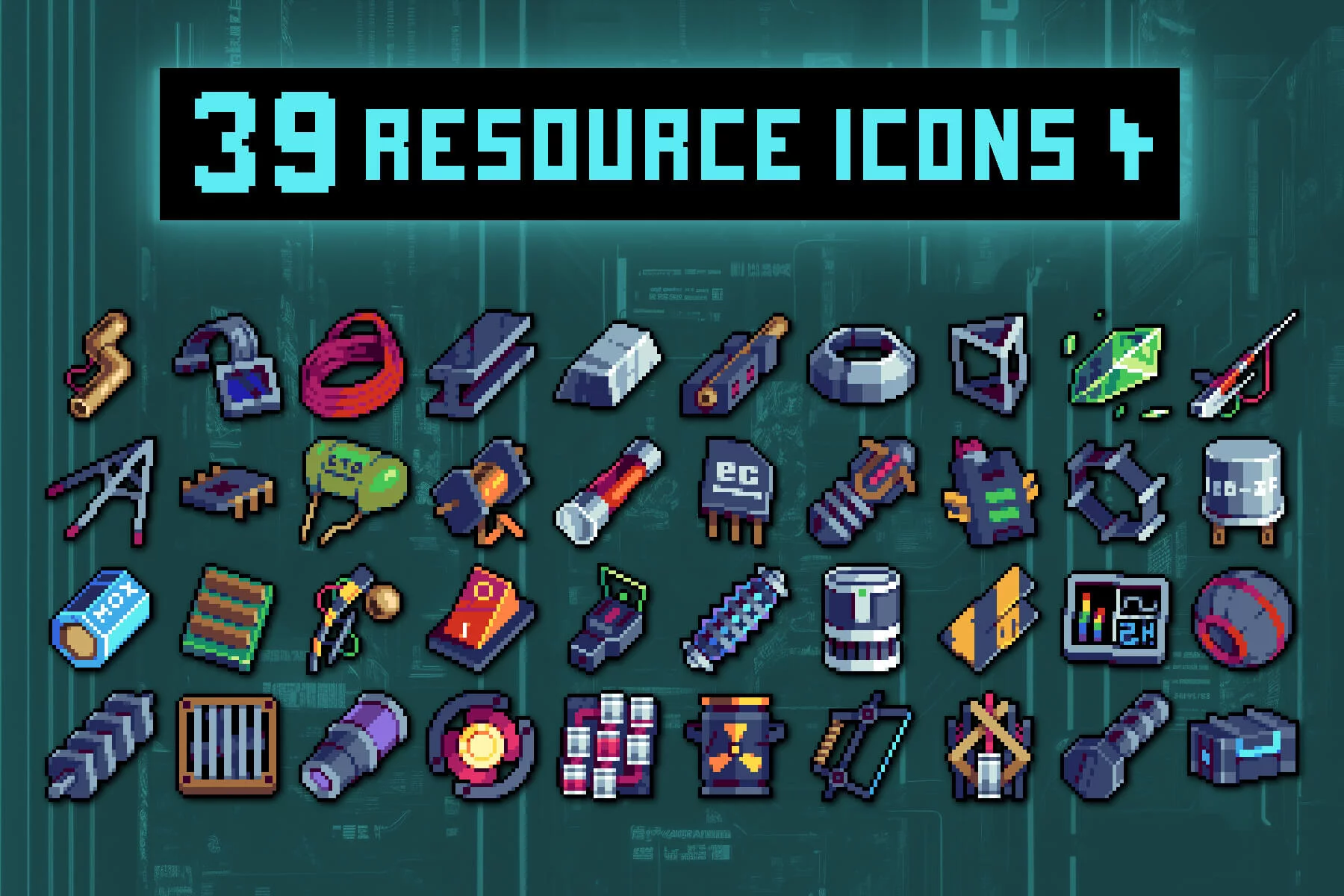32×32 Resource Icons Pixel Art for Cyberpunk