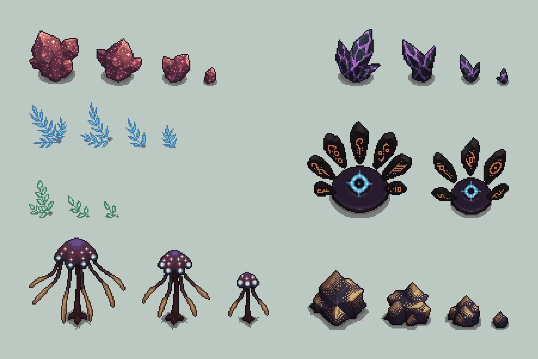 Glowing Cave Top-Down Tileset 2D Pixel Art