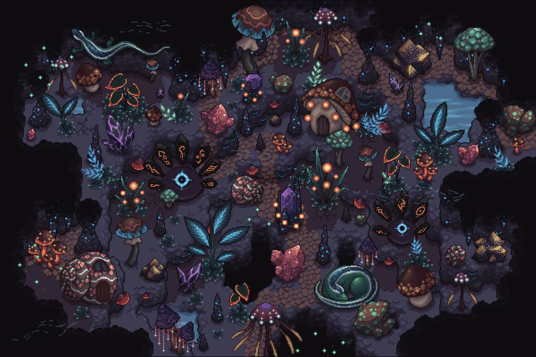 Glowing Cave Top-Down Tileset 2D Pixel Art