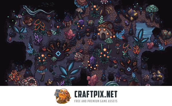 Glowing Cave Top-Down Tileset 2D Pixel Art
