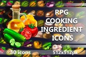 RPG烹饪食材图标包：中世纪奇幻风格蔬菜谷物与动物产品素材