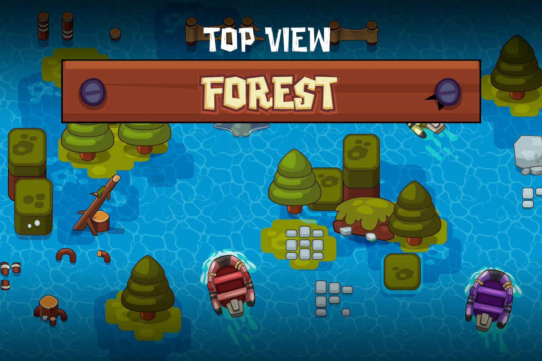 Top View Boat, Water and Land Asset Set