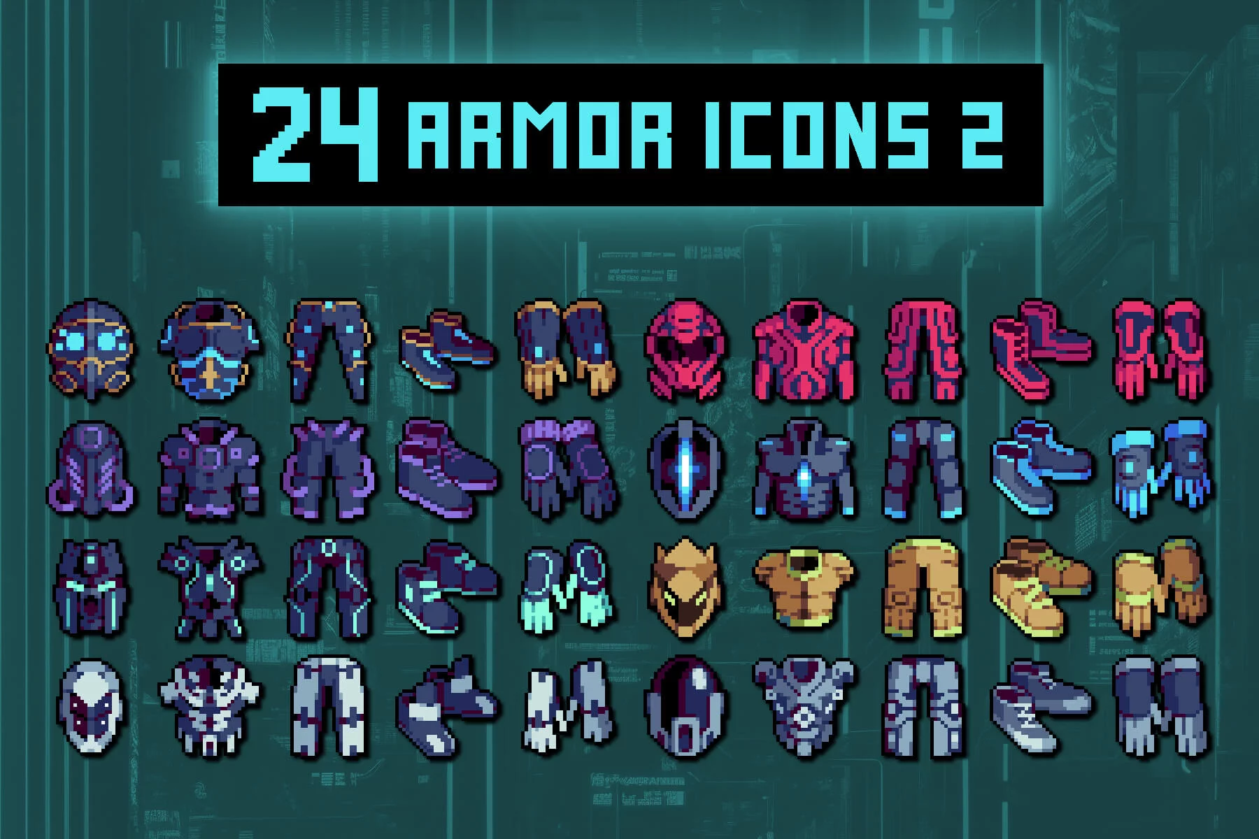 Cyberpunk RPG Armor Pixel Icons Set