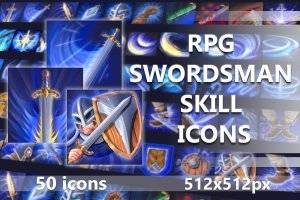 RPG剑士技能图标合集：50个2D素材，PSD/PNG格式