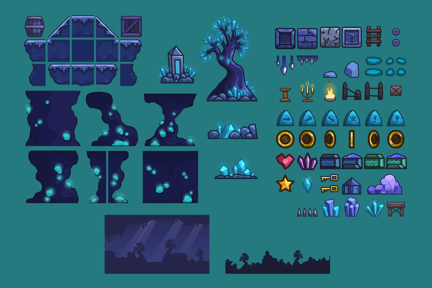 Crystal Caves 2D Platformer Tileset