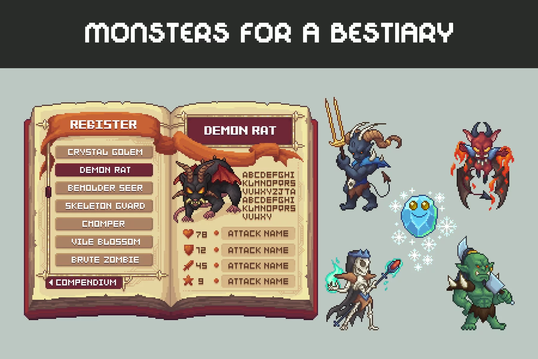 Fantasy Bestiary UI & Monster Pixel Art Pack