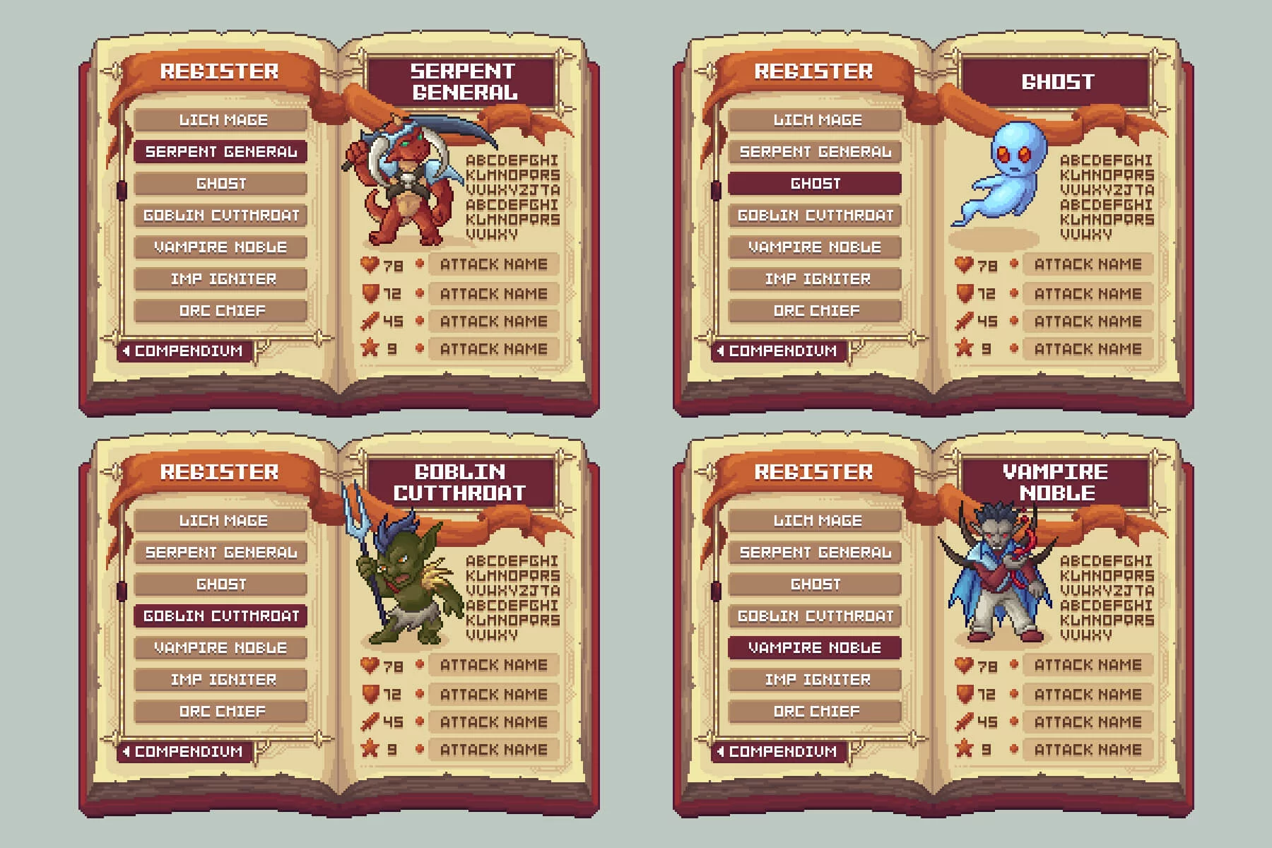 Fantasy Bestiary UI & Monster Pixel Art Pack