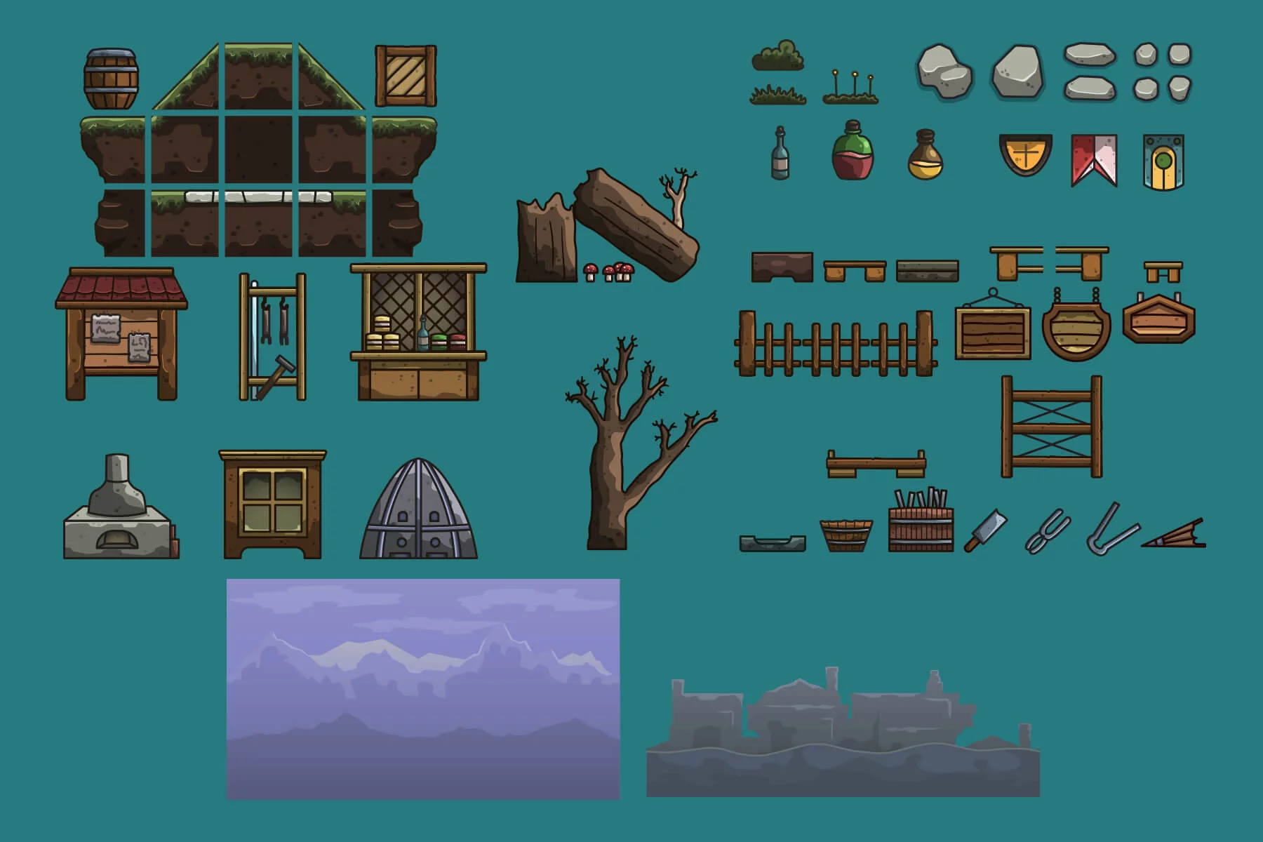 Cartoon Medieval Glassmaker Workshop Game Tileset