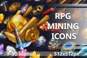 50个RPG采矿图标素材包：工具、矿石、水晶与动物遗骸