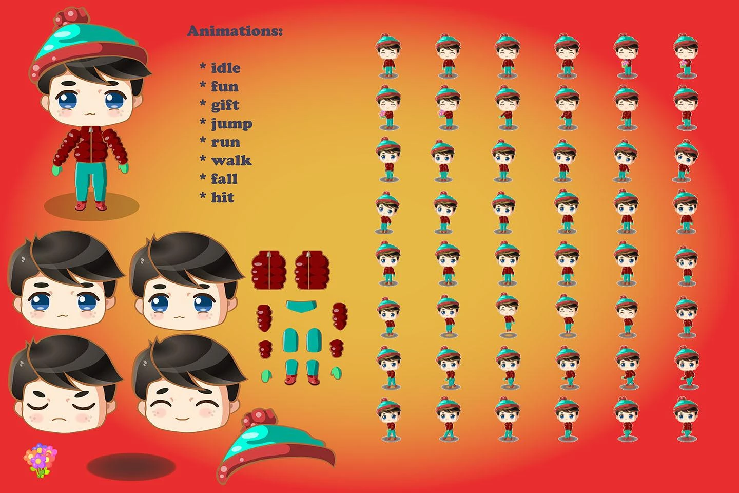 2D Game Chibi Boy Character Sprite Sheet