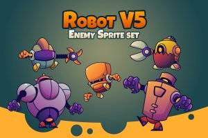 Robot V5 角色精灵：五款愤怒机器人敌人与Boss素材