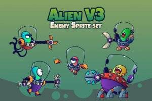 外星V3敌人角色精灵：5个矢量外星人及5种动作