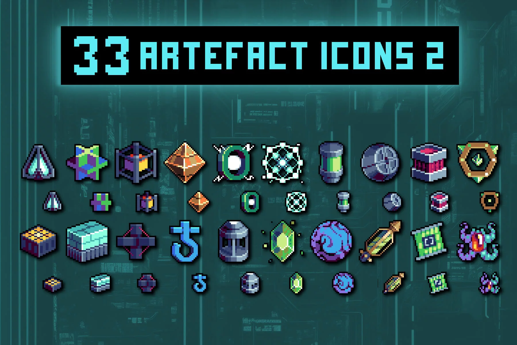 Cyberpunk Artefact Icons Pixel Art