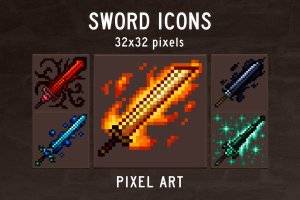 Sword RPG Icons Pixel Art：48款魔法剑像素图标素材