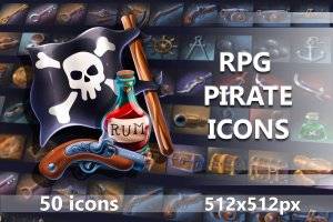 50个RPG海盗图标素材，含宝箱大炮等海洋劫掠元素
