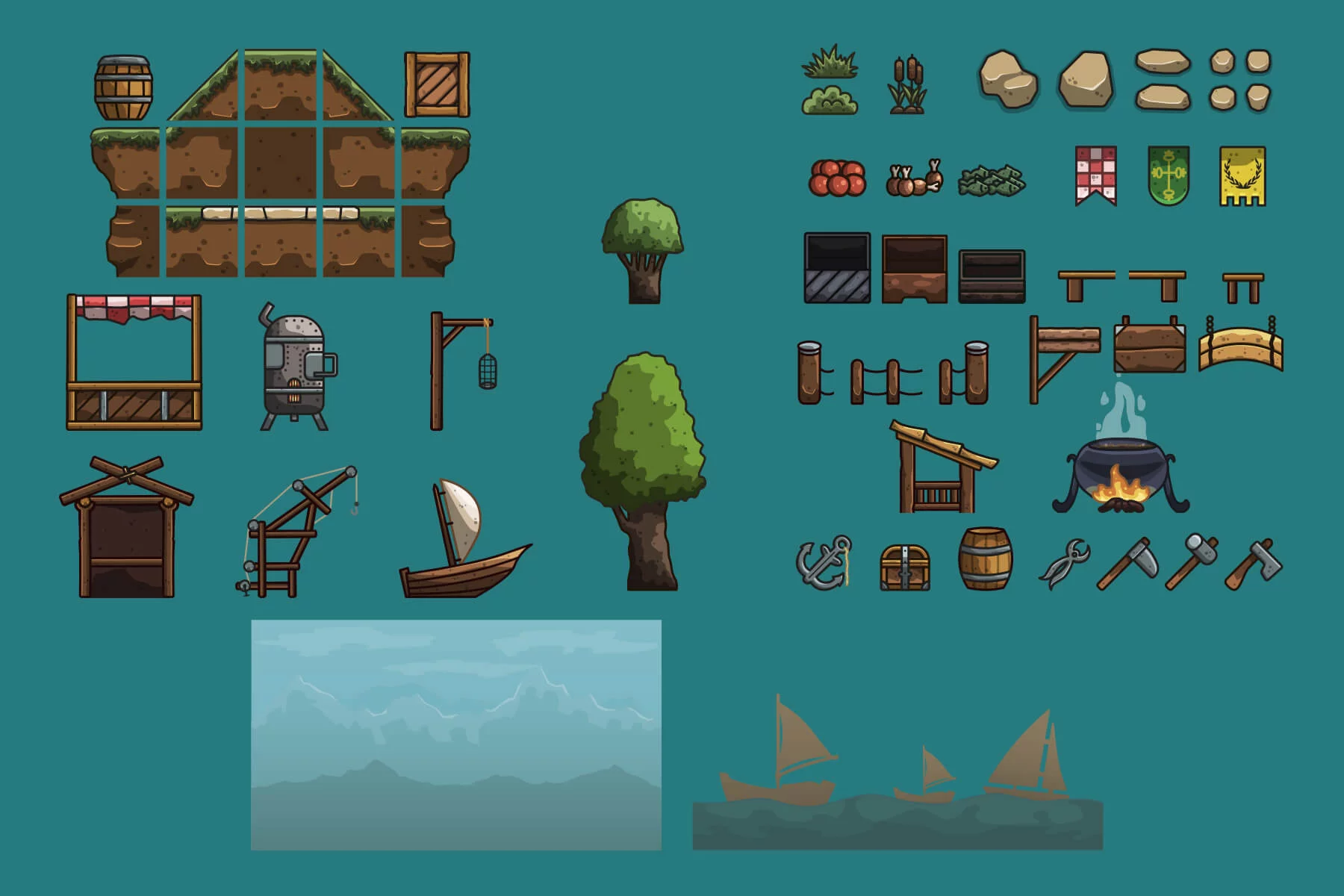 Cartoon Medieval Shipwright 2D Vector Tileset