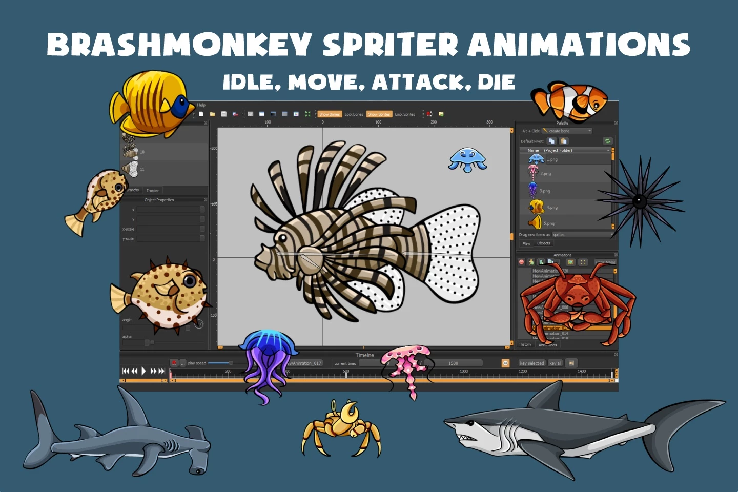Fish, Crab, Jellyfish and Shark 2D Game Sprites