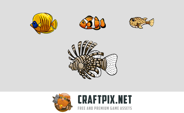 Fish, Crab, Jellyfish and Shark 2D Game Sprites