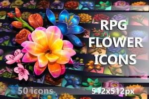 RPG花卉游戏图标集：50款精美花朵素材
