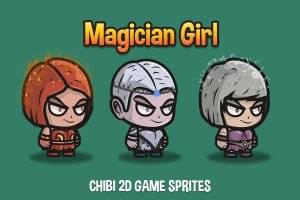 魔法少女Q版角色精灵素材包，3位女巫矢量图