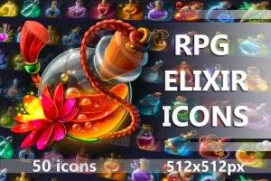 RPG 魔法药水图标集：50款中世纪奇幻药剂素材