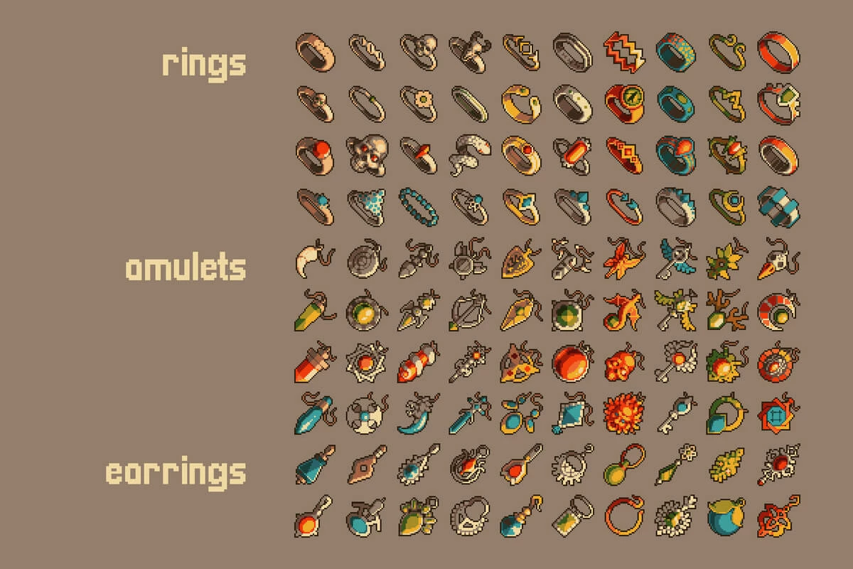 Ring, Earring and Amulet Pixel Art Icons